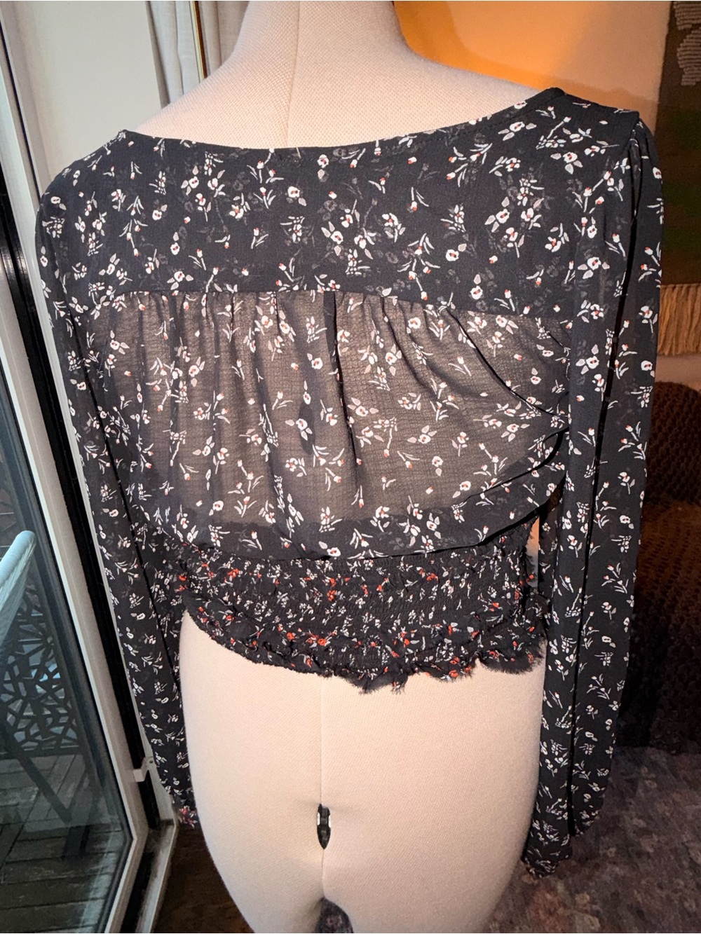 FREE PEOPLE Black Floral Smocked Long-Sleeve Crop Top - Picture 6 of 8